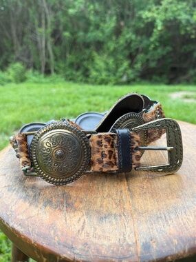 Vintage Avignon Leopard Hair-On-Hide Concho Belt Western Boho Cowgirl Size Small